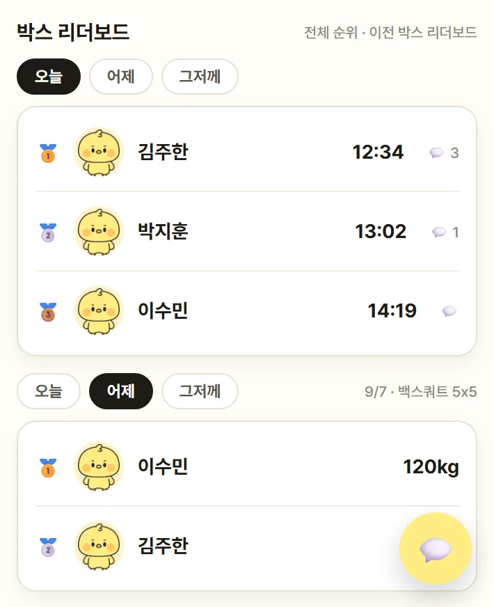 와드링 크로스핏 박스 리더보드 화면
